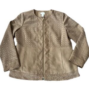 Chicos Faux Suede Light Brown Camel Eyelet Zip Up Collarless Lined Jacket Size 1